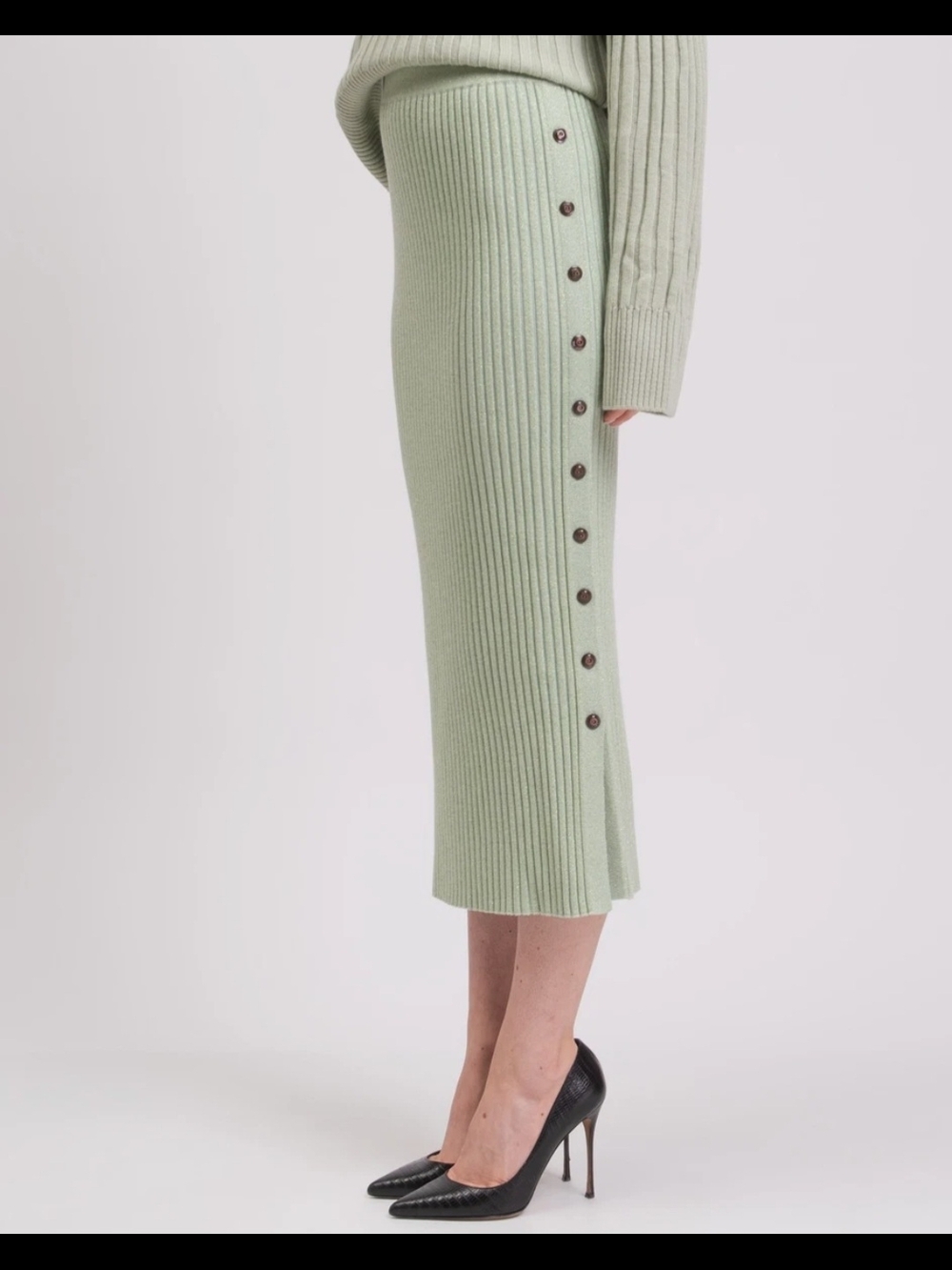 Tory Burch Mint Green Ribbed Button-Trim Midi Skirt